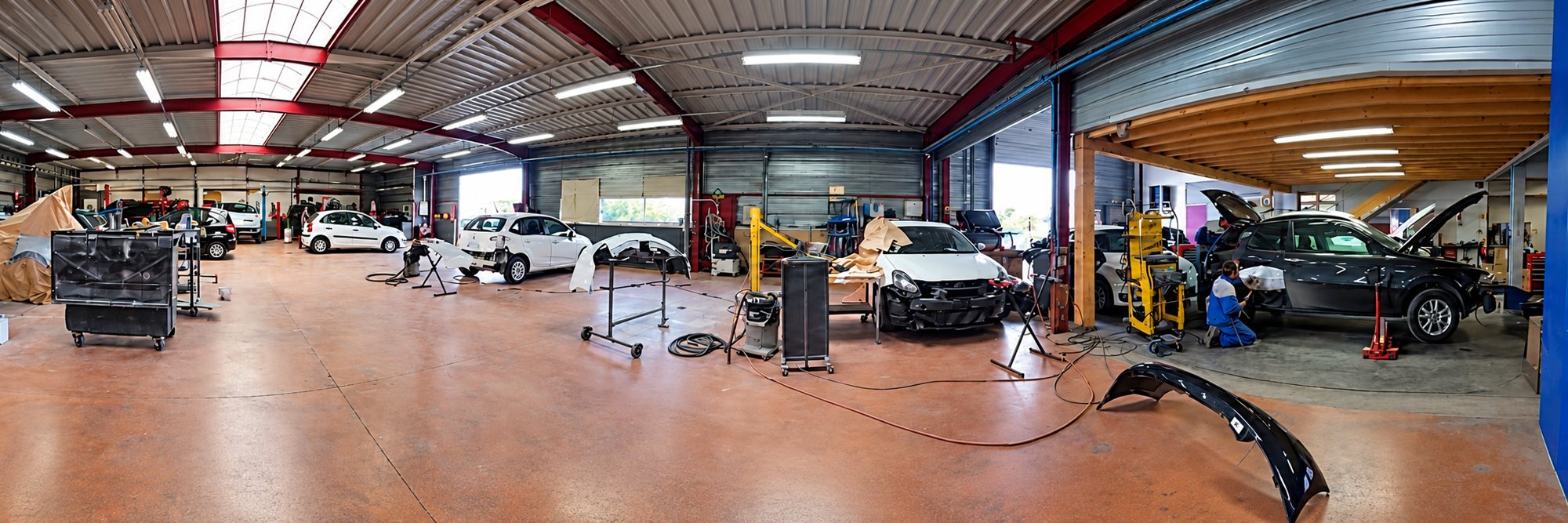 Vue panoramique d'un grand atelier de carrosserie où plusieurs voitures sont en cours de réparation et un employé travaille sur un véhicule à droite.