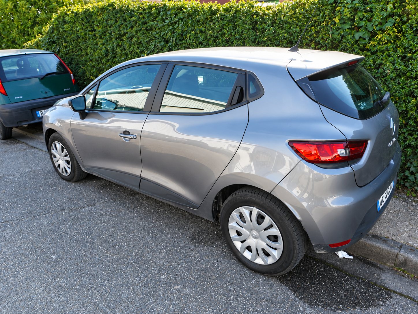Une citadine grise de profil arrière est garée sur une route goudronnée devant une haie verte, à côté d'une voiture verte.