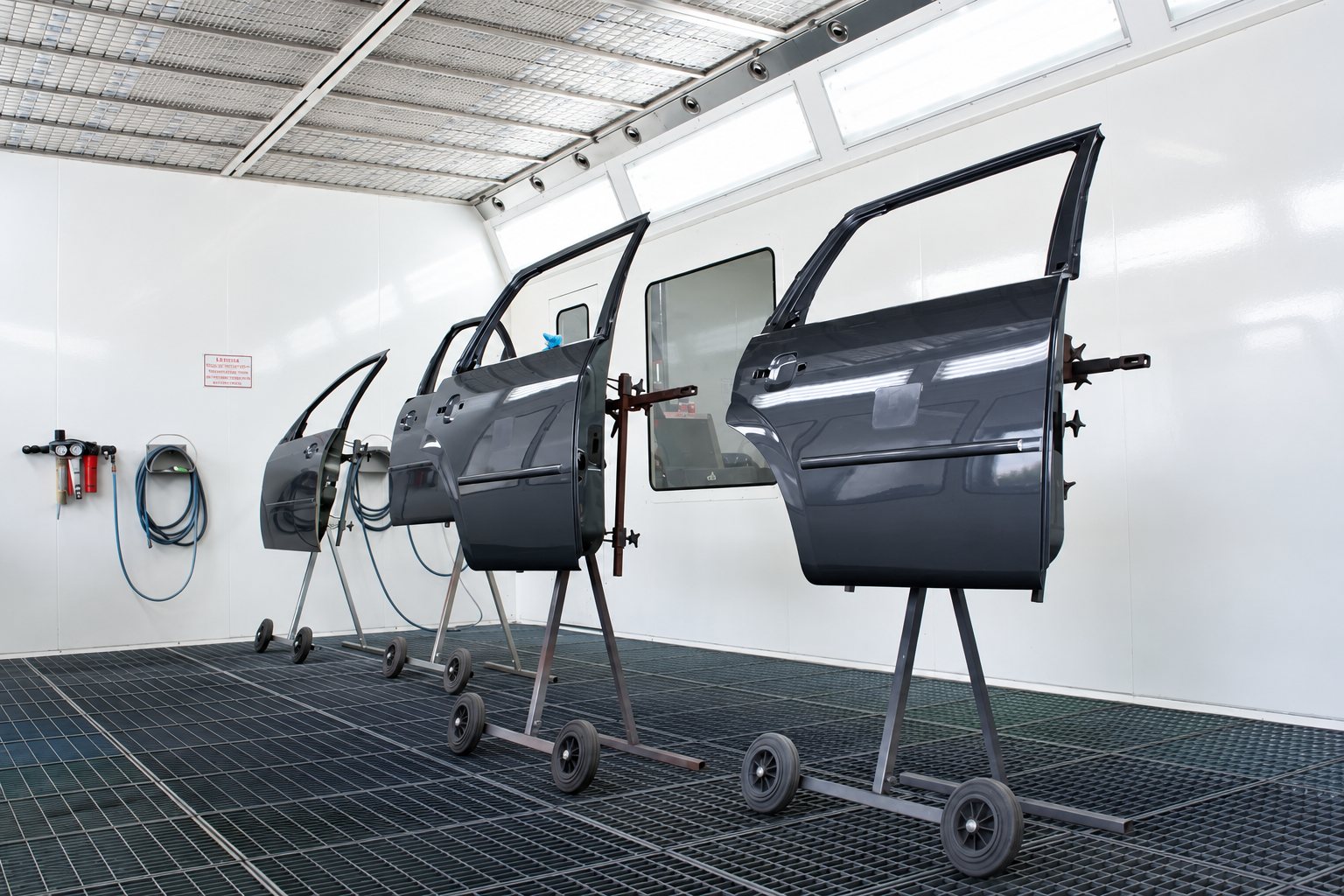 Quatre portières de voiture grises montées sur des chariots à roulettes à l'intérieur d'une cabine de peinture aux murs blancs.